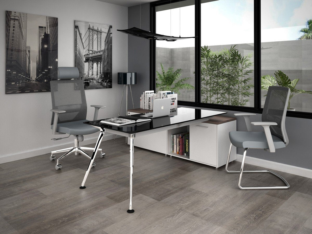 Escritorio ejecutivo con península y cubierta de vidrio